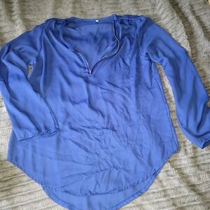 Unbranded Women's XL Blouse Royal Blue Pullover Front 1/4 Zip Button Tab Sleeves